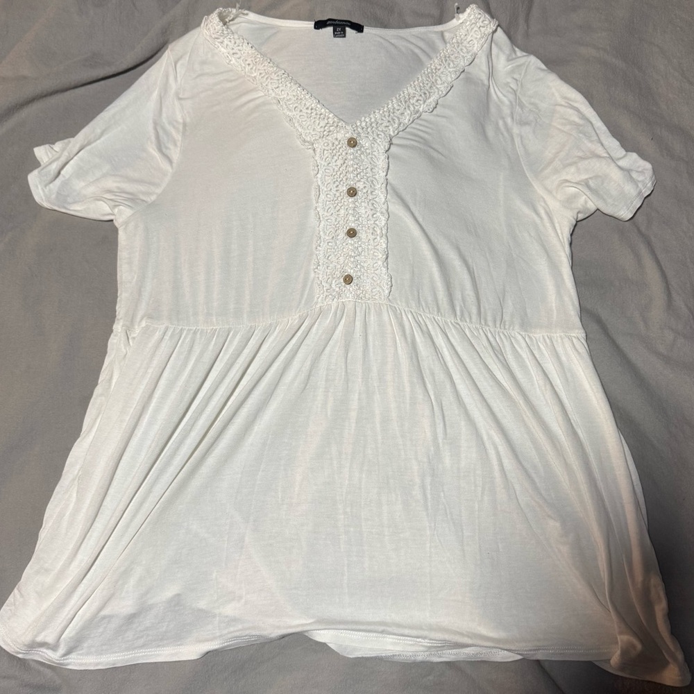 Ambiance White V-Neck Blouse with Lace and Buttons